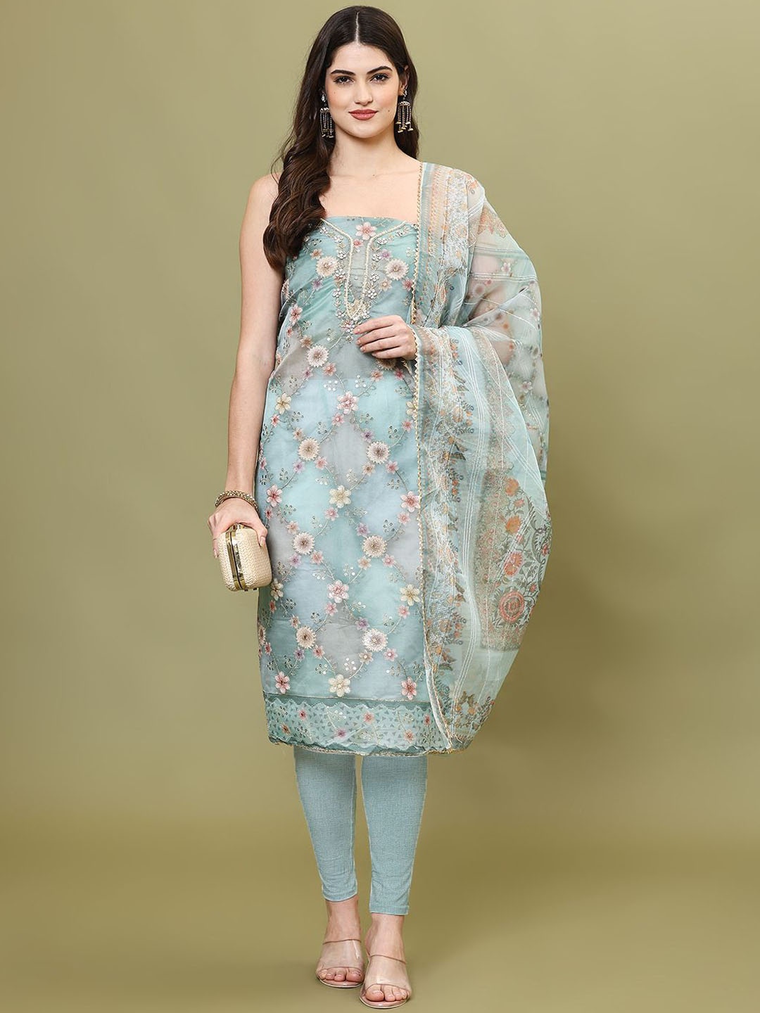 

Meena Bazaar Embroidered & Floral Printed Organza Unstitched Dress Material, Blue