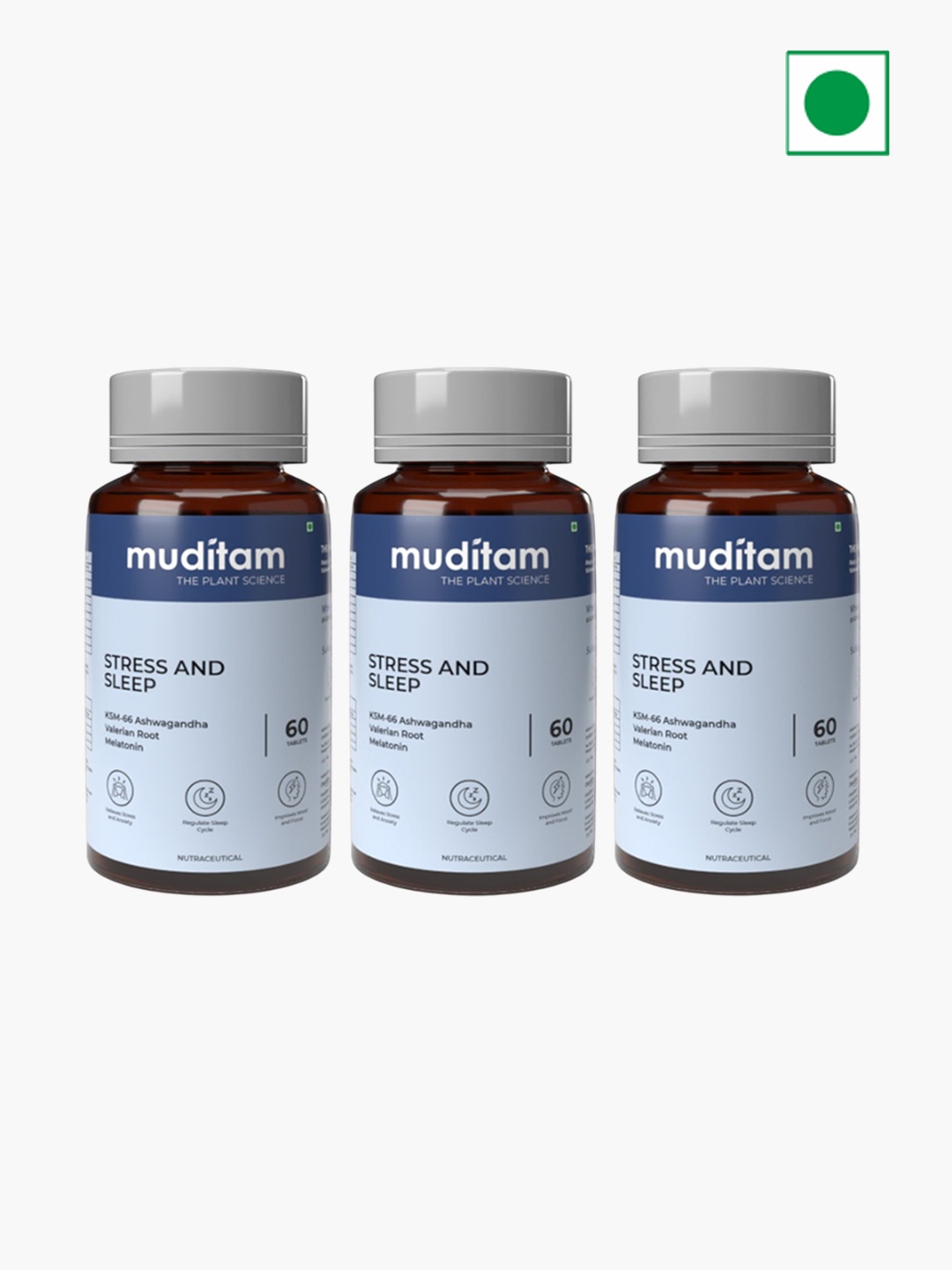 

Muditam Set Of 3 Stress & Sleep Tablets With KM-66 Ashwagandha - 60 Tablets Each, White
