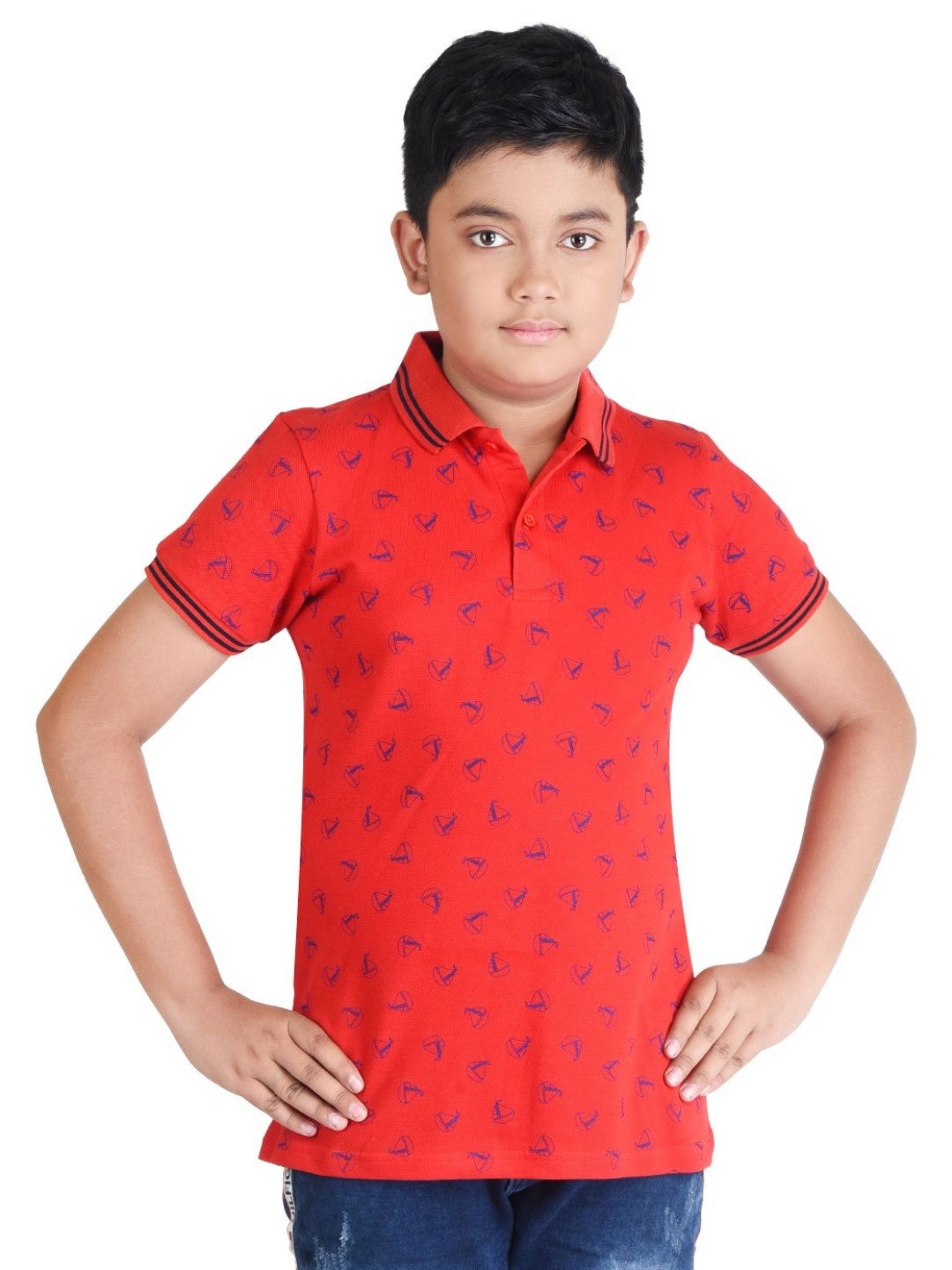 

Clothe Funn Boys Conversational Printed Polo Collar Cotton T-shirt, Red