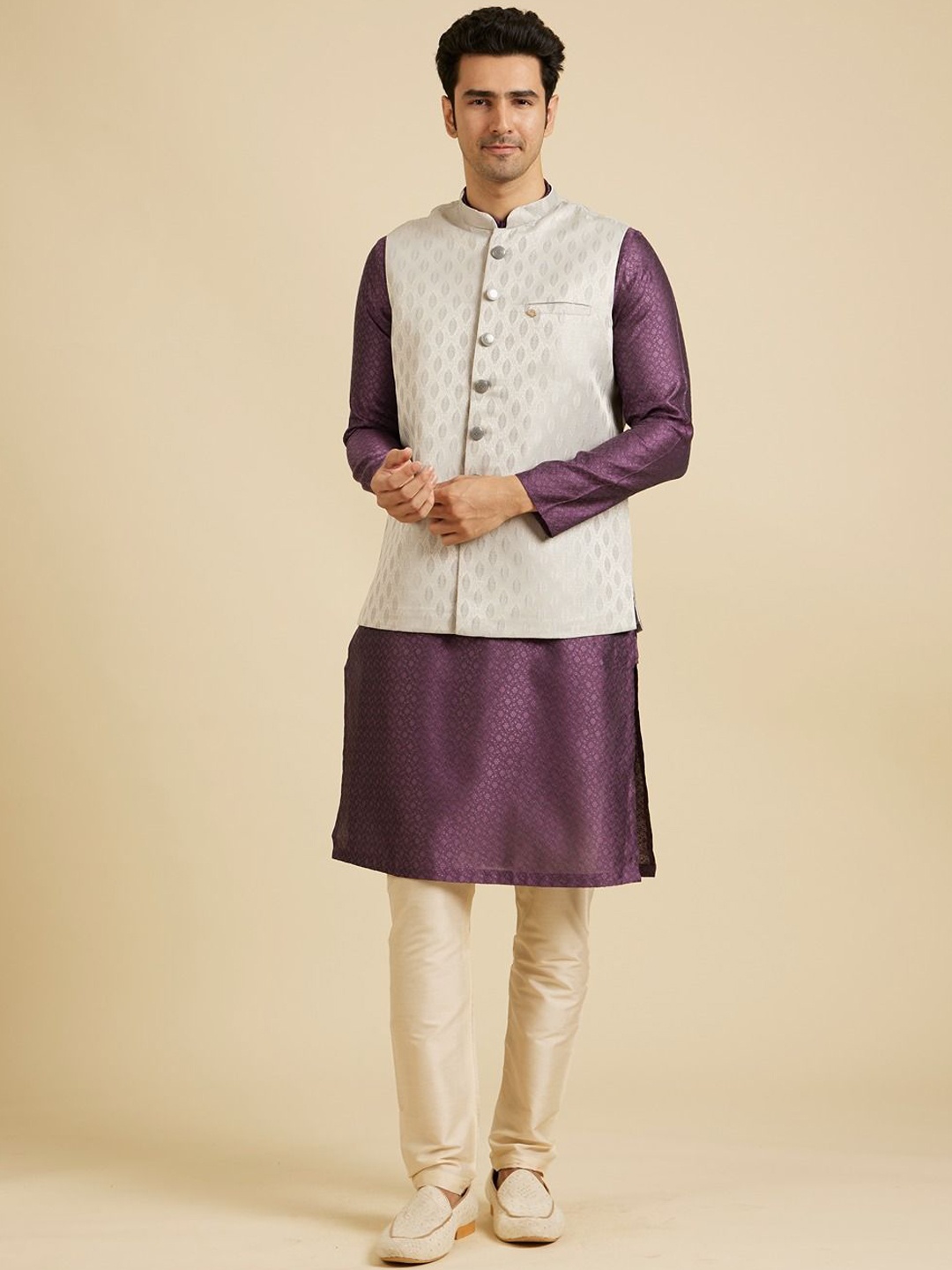 

Manyavar Self Design Woven Nehru Jacket, Grey
