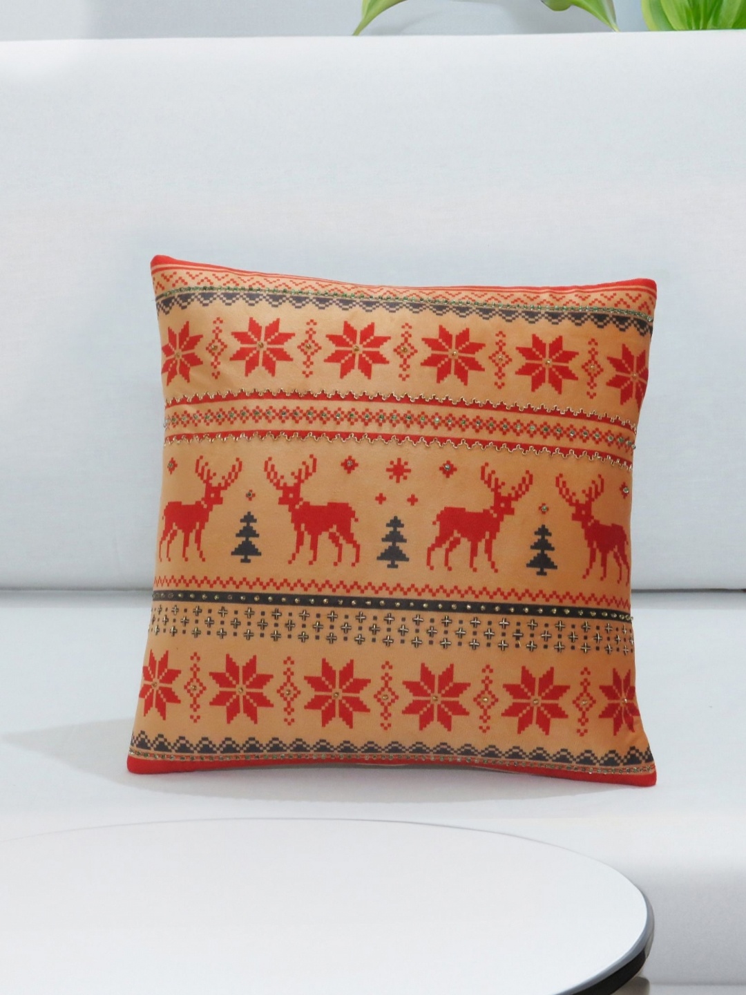 

Mid July Home Red & Beige Ethnic Motifs Velvet Square Cushion Covers