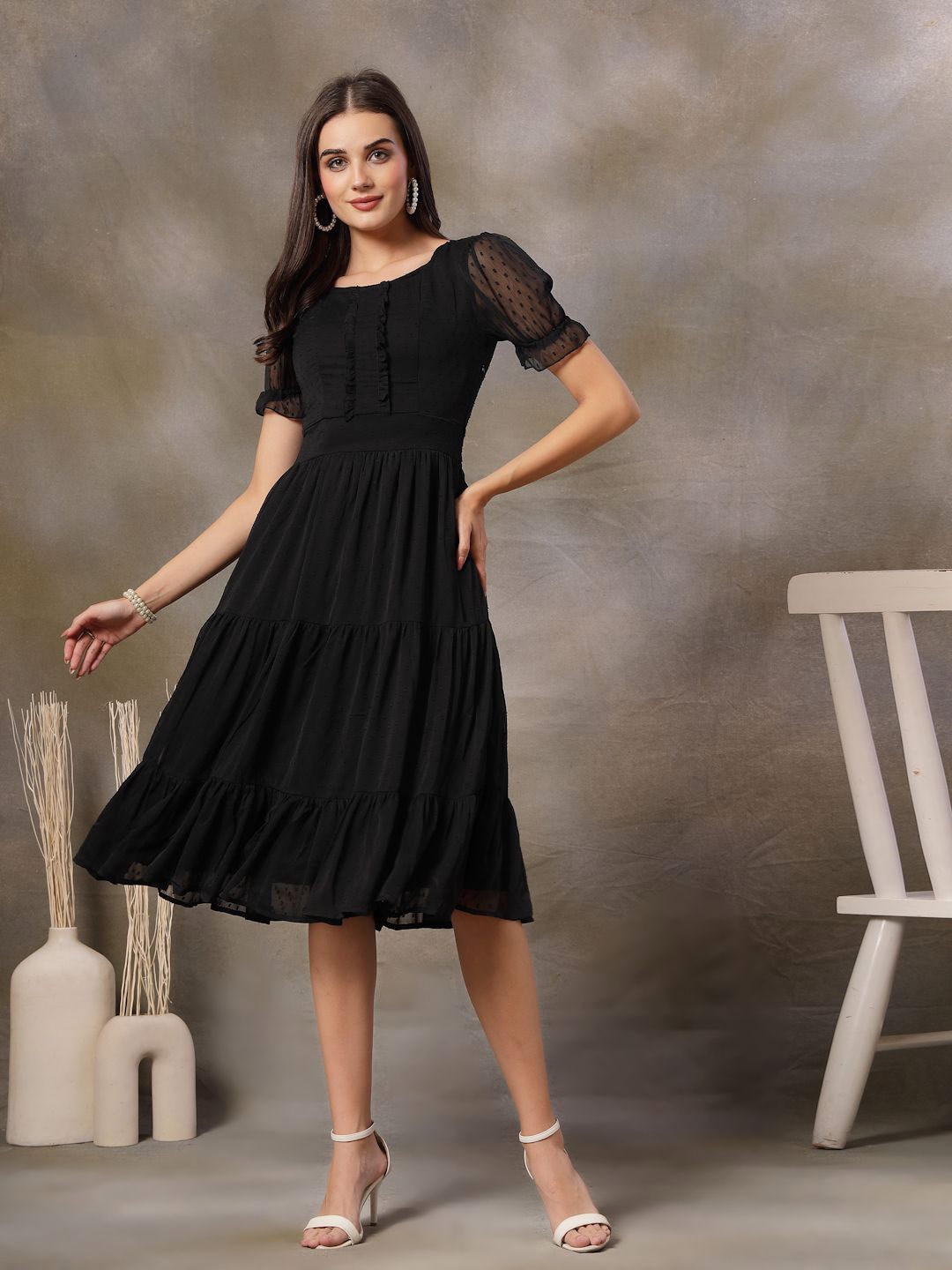 

Rue Collection Women Tiered Fit & Flare Dress, Black