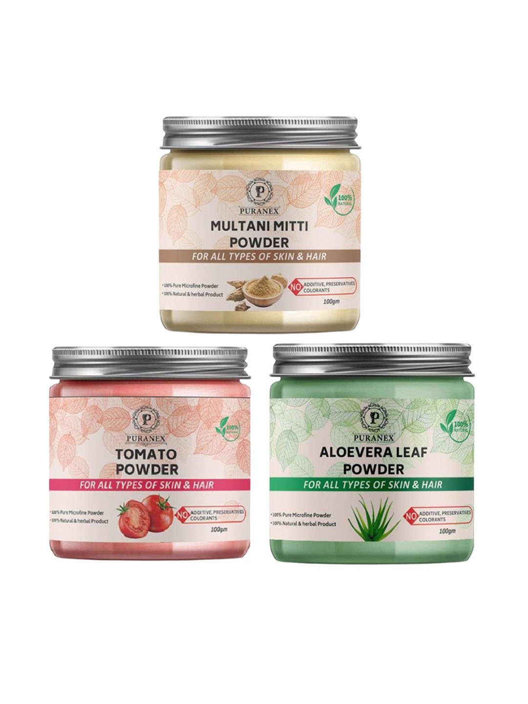 

Puranex Set Of 3 Pure Multani Mitti, Aloevera & Tomato Powders - 100 gm Each, White