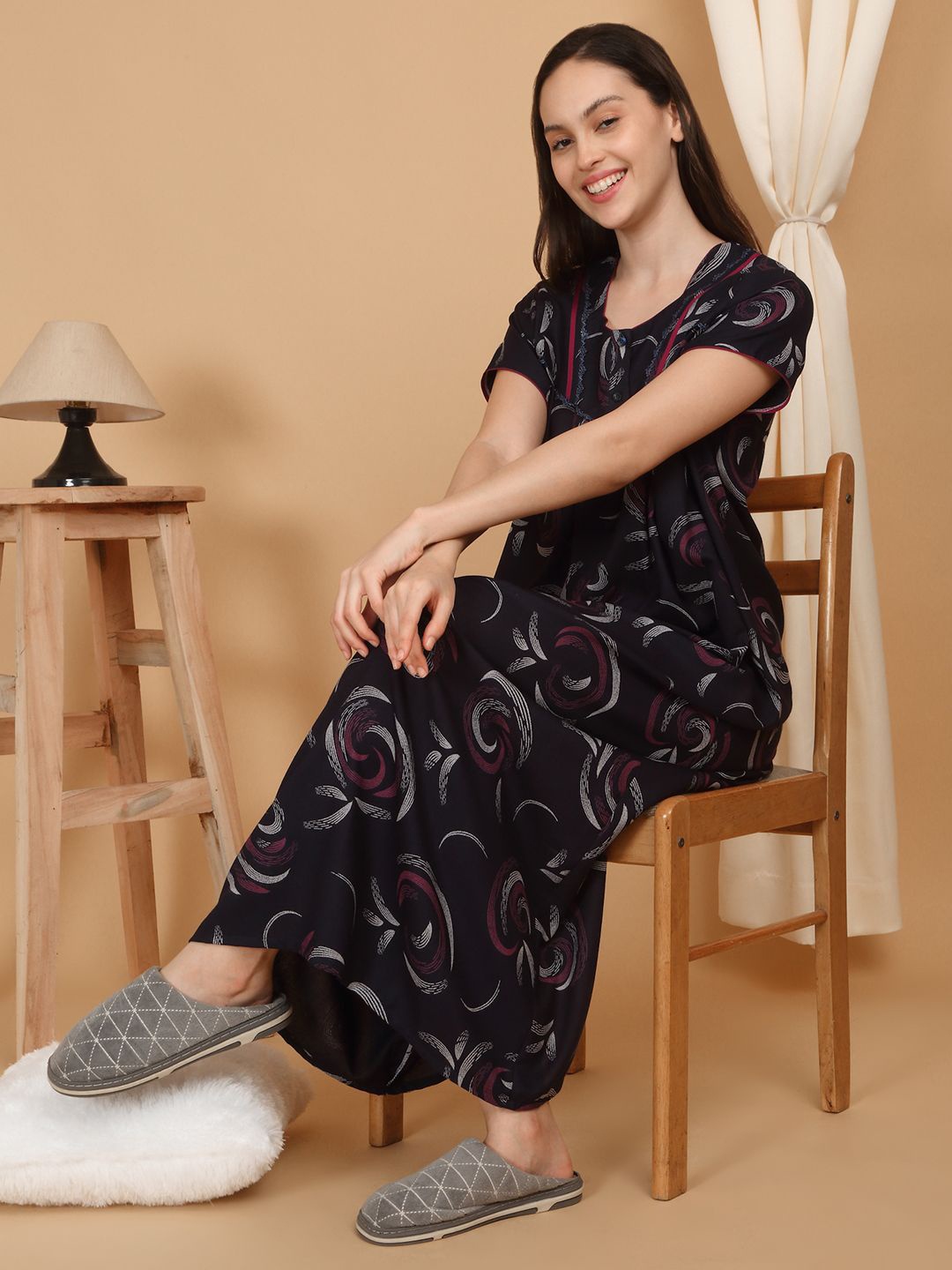 

SAANJ Printed Maxi Nightdress, Navy blue