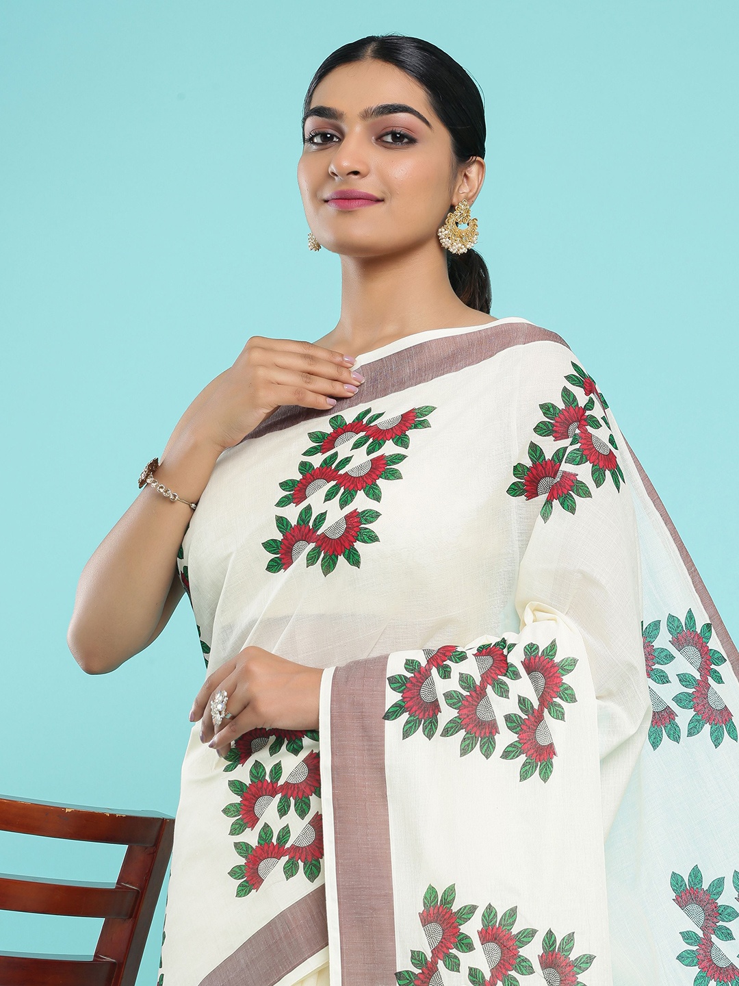 

Kalyan Silks Floral Block Print Saree, Cream