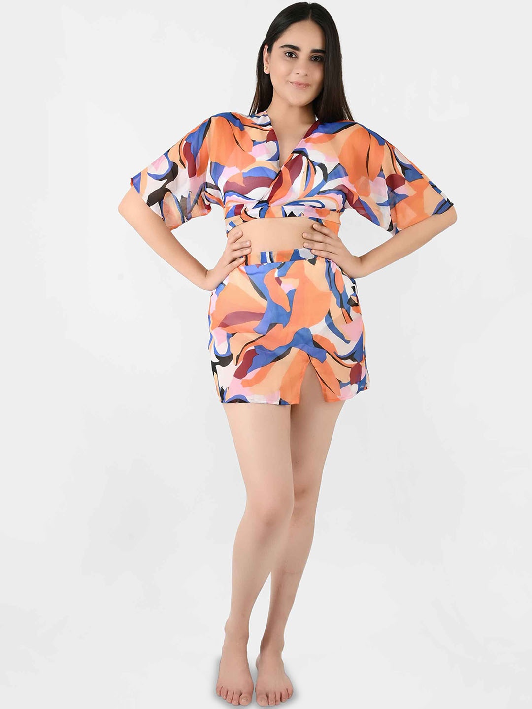 

Blissence Abstract Printed V Neck Swimwear Cover Up Set, Blue