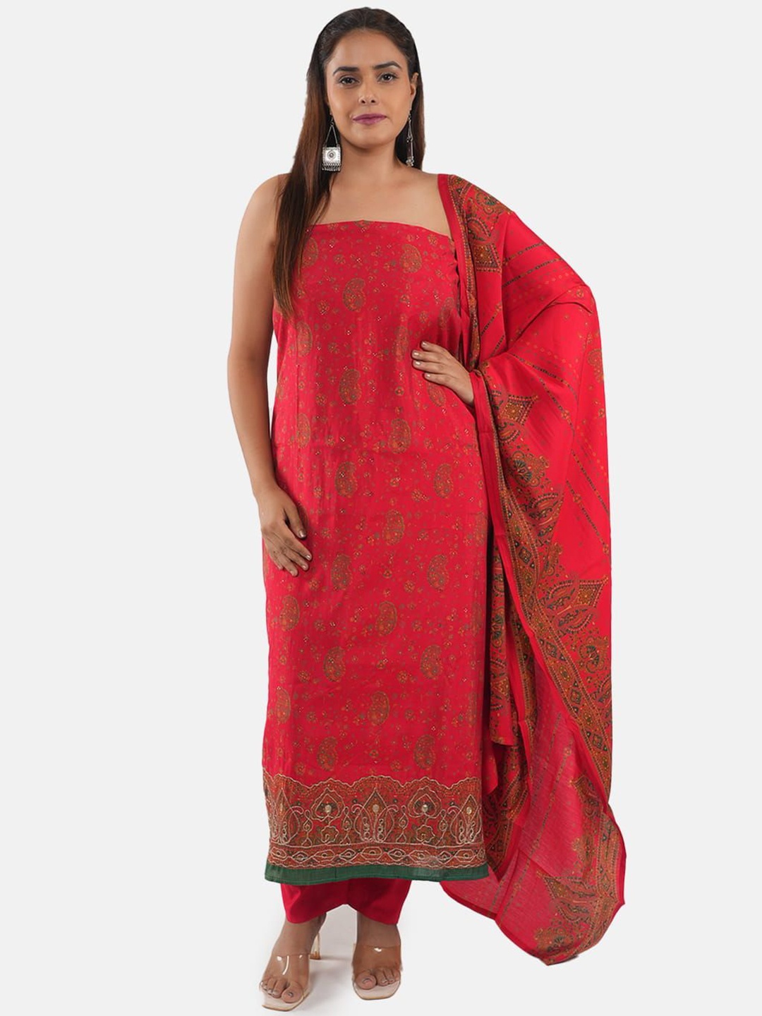 

MOZAFIA Floral Embroidered Pure Silk Unstitched Dress Material, Red