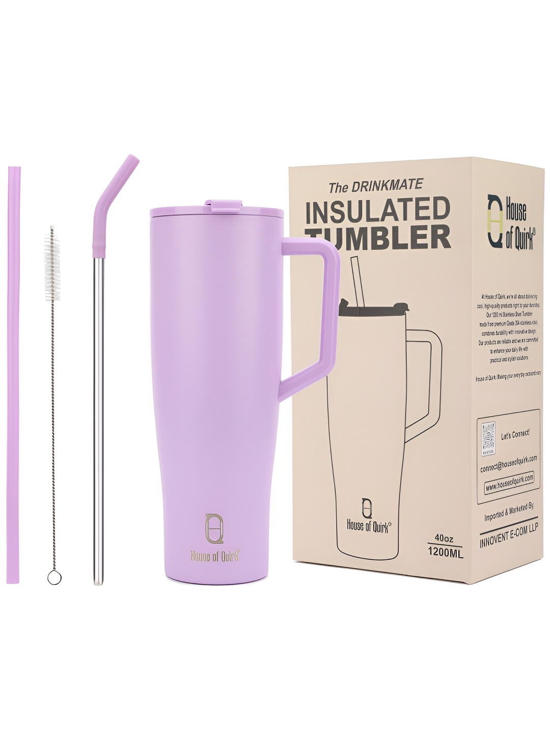 

HOUSE OF QUIRK Lavender Stainless Steel Tumbler with Handle and 2 Straw 1.2L