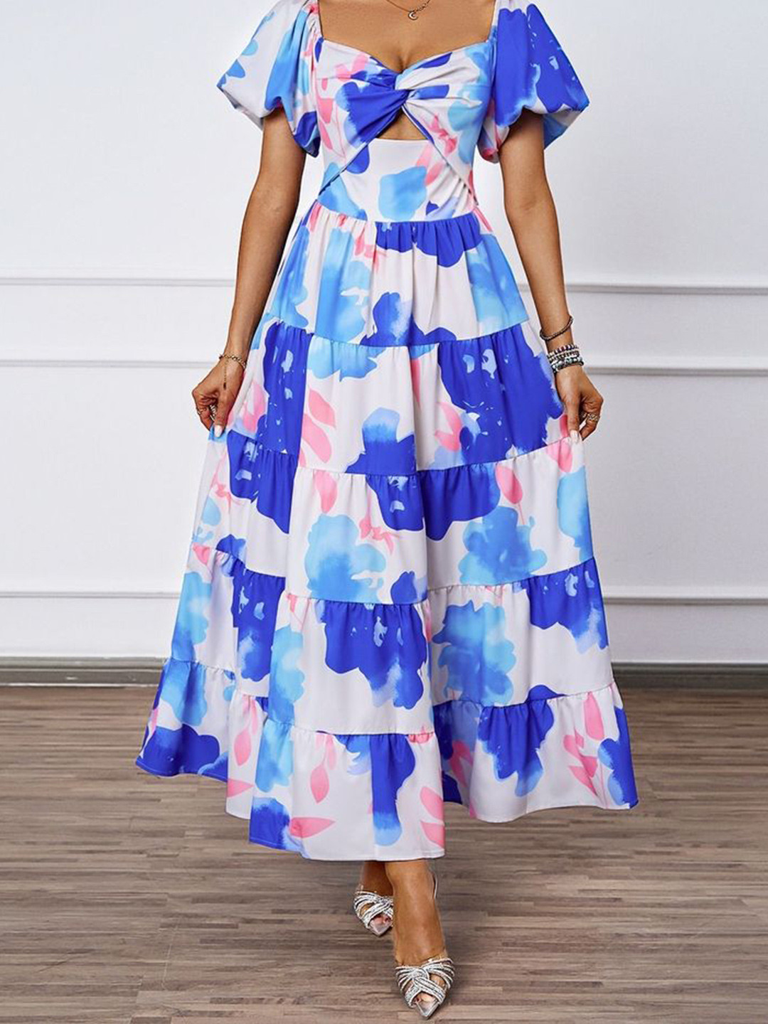 

LULU & SKY Floral Print Flutter Sleeve Fit & Flare Midi Dress, Blue