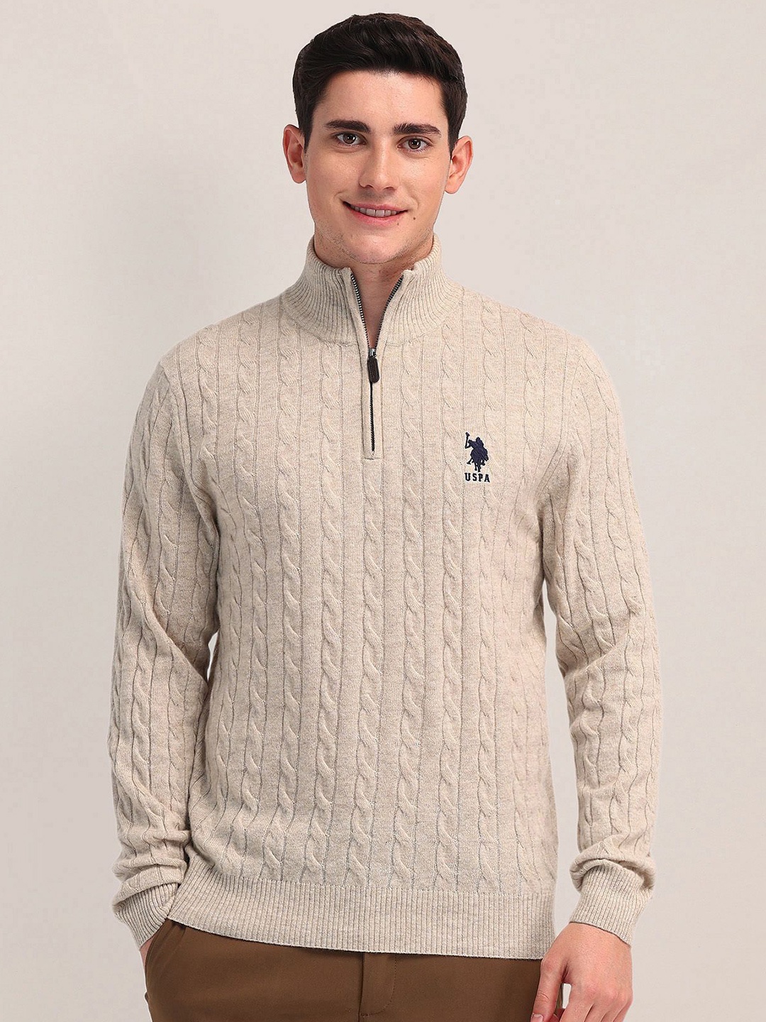 

U.S. Polo Assn. Men Cable Knit Woollen Pullover, Beige