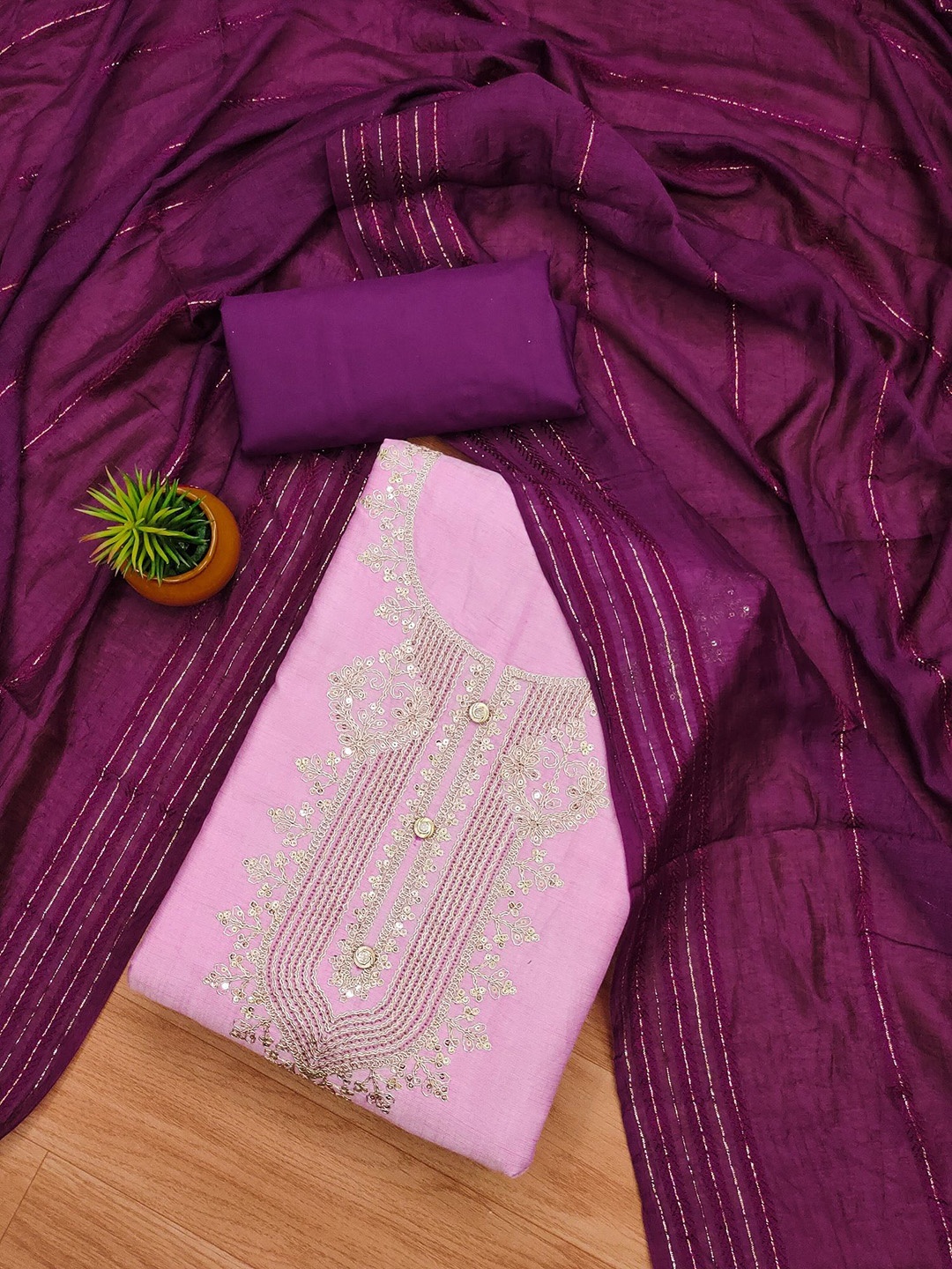 

APNISHA Ethnic Motifs Embroidered Unstitched Dress Material, Pink