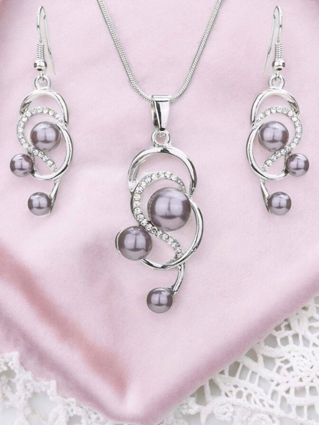 

Nilu's Collection Platinum-Plated CZ Stone-Studded Jewellery Set, Silver