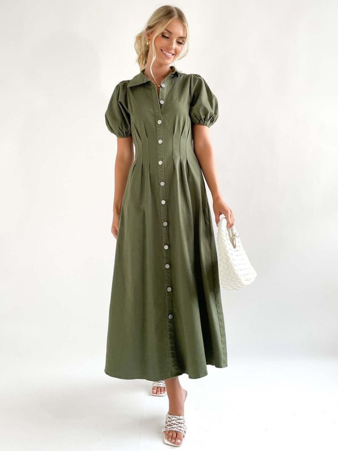 

LULU & SKY Puff Sleeve Shirt Maxi Dress, Green