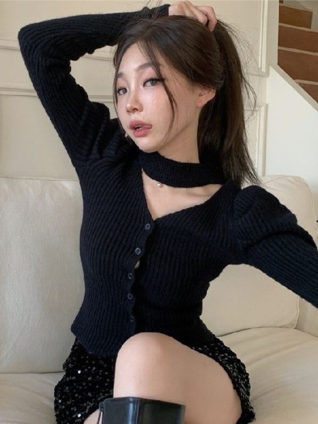 

HERE&NOW Women Extended Sleeves Top, Black