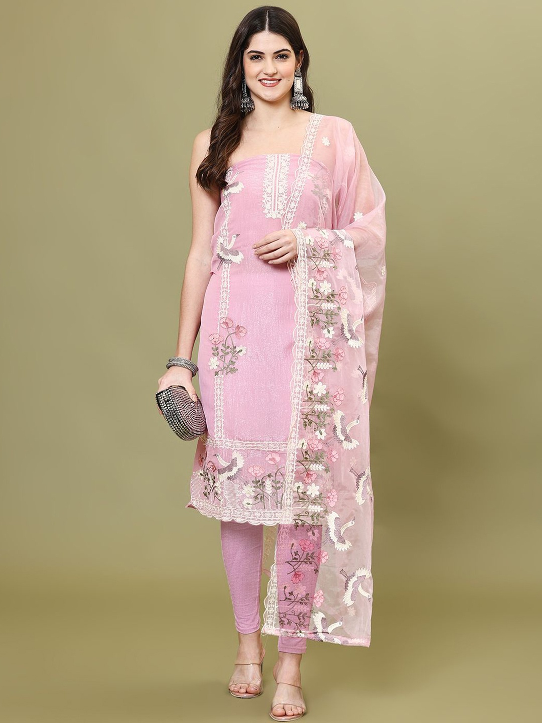 

Meena Bazaar Thread Embroidered Organza Unstitched Dress Material, Pink