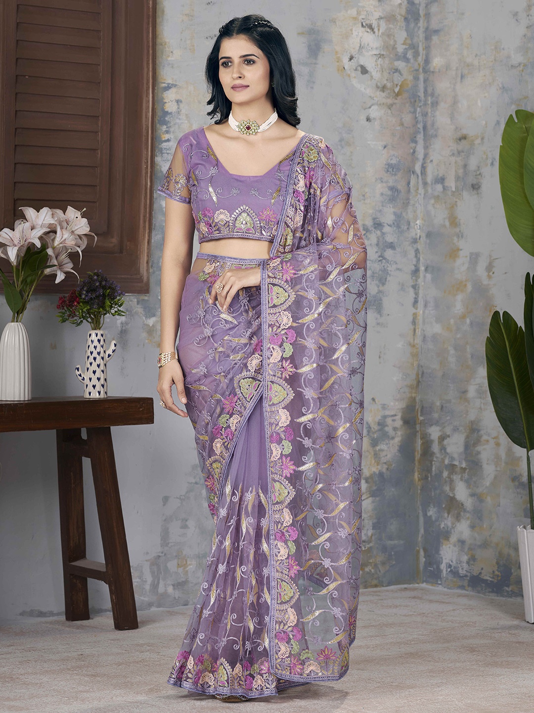 

Munir Floral Embroidered Saree, Purple