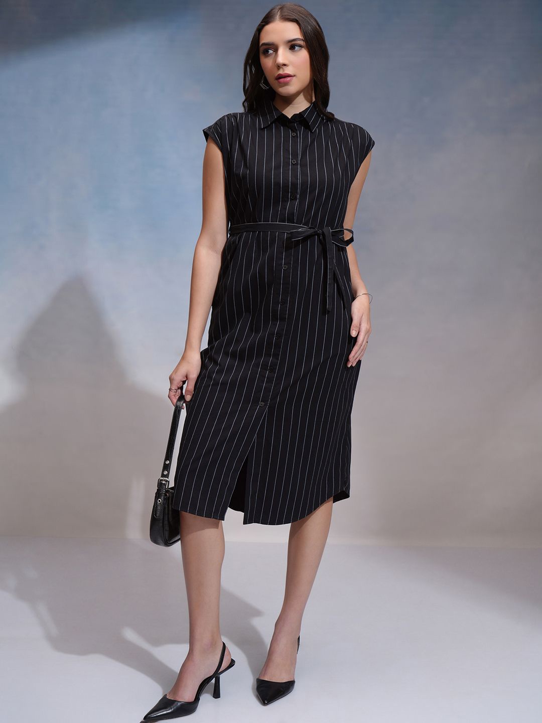 

CHIC BY TOKYO TALKIES Striped Shirt Midi Dress, Black