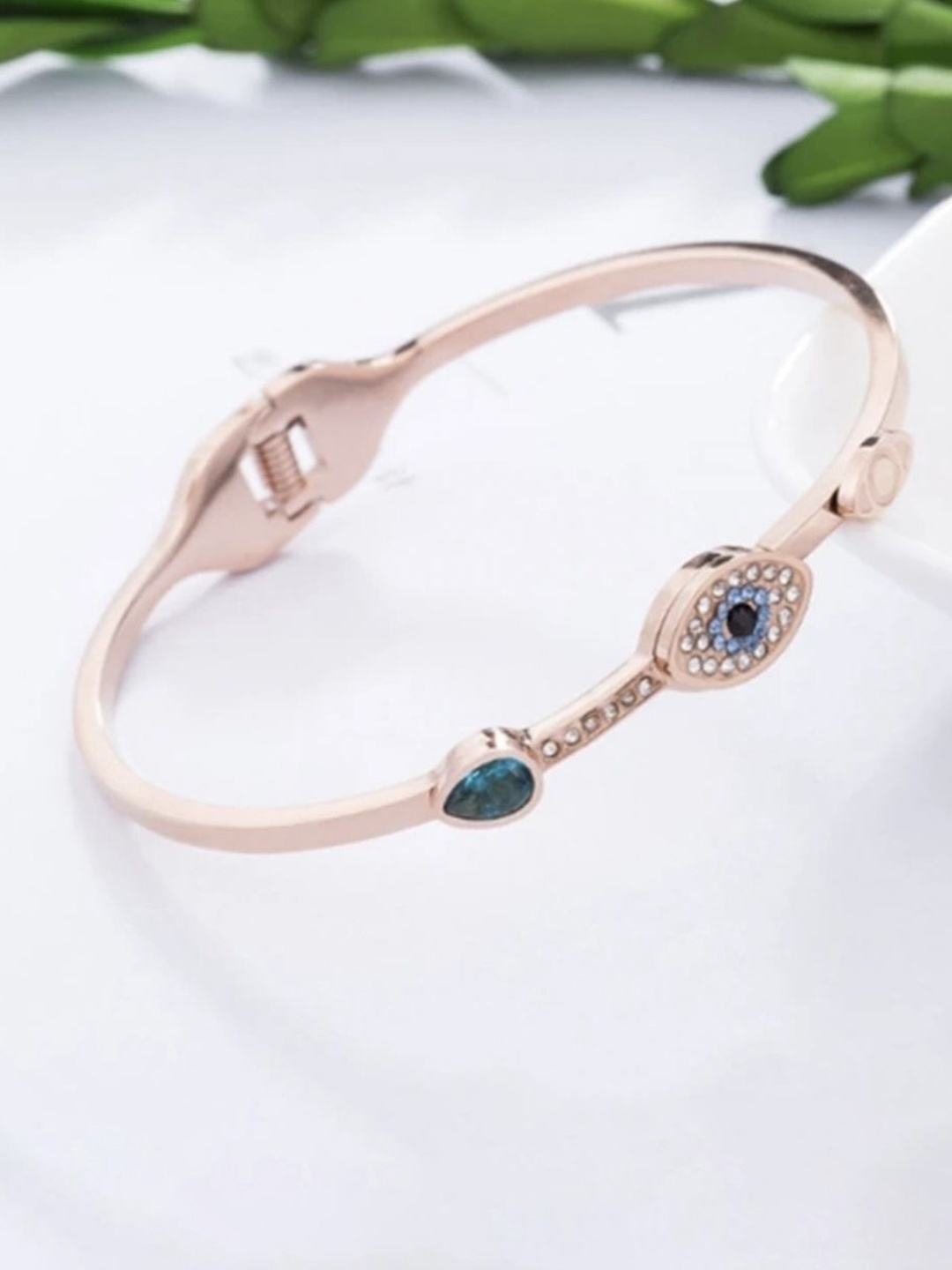 

V FASHION JEWELLERY Rose Gold-Plated Stones Studded Evil Eye Kada Bracelet