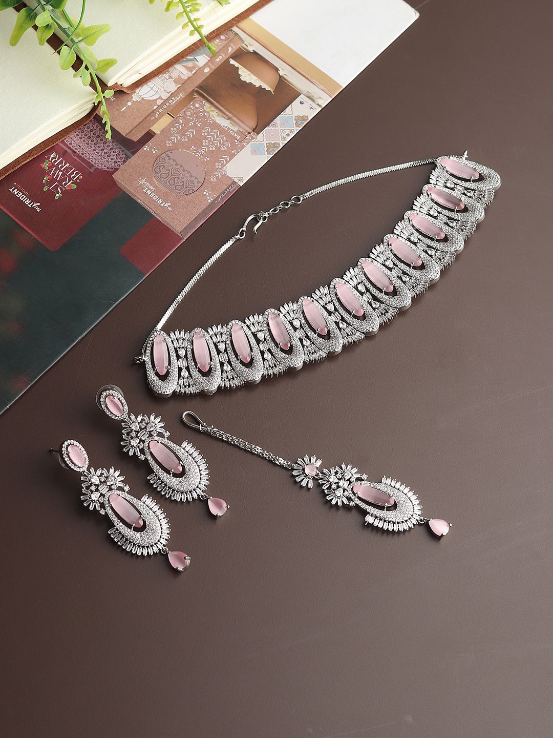 

RHOSYN Rhodium-Plated American Diamond-Studded Jewellery Set, Pink