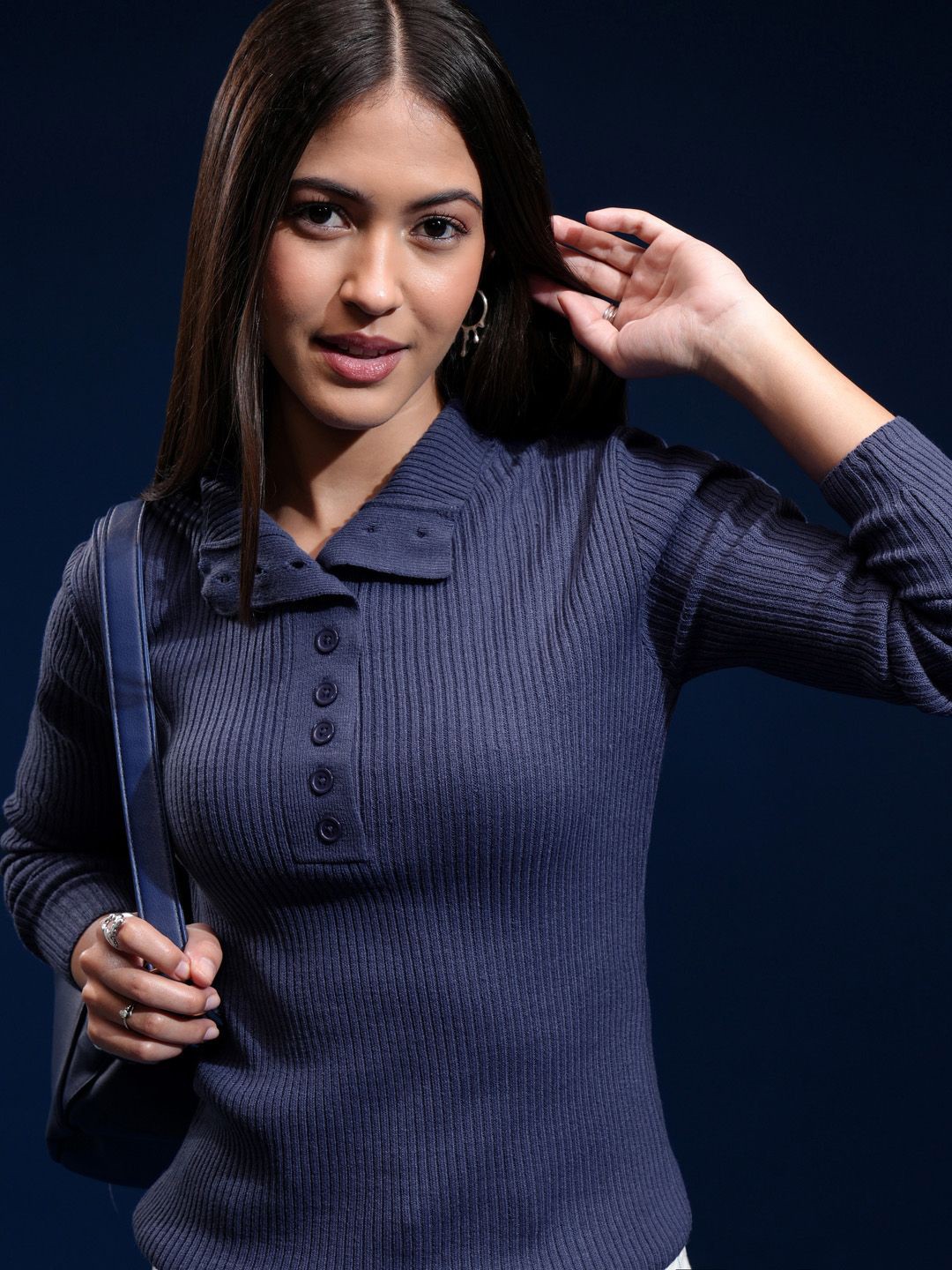 

Basics By Tokyo Talkies Women Ribbed Pullover, Blue