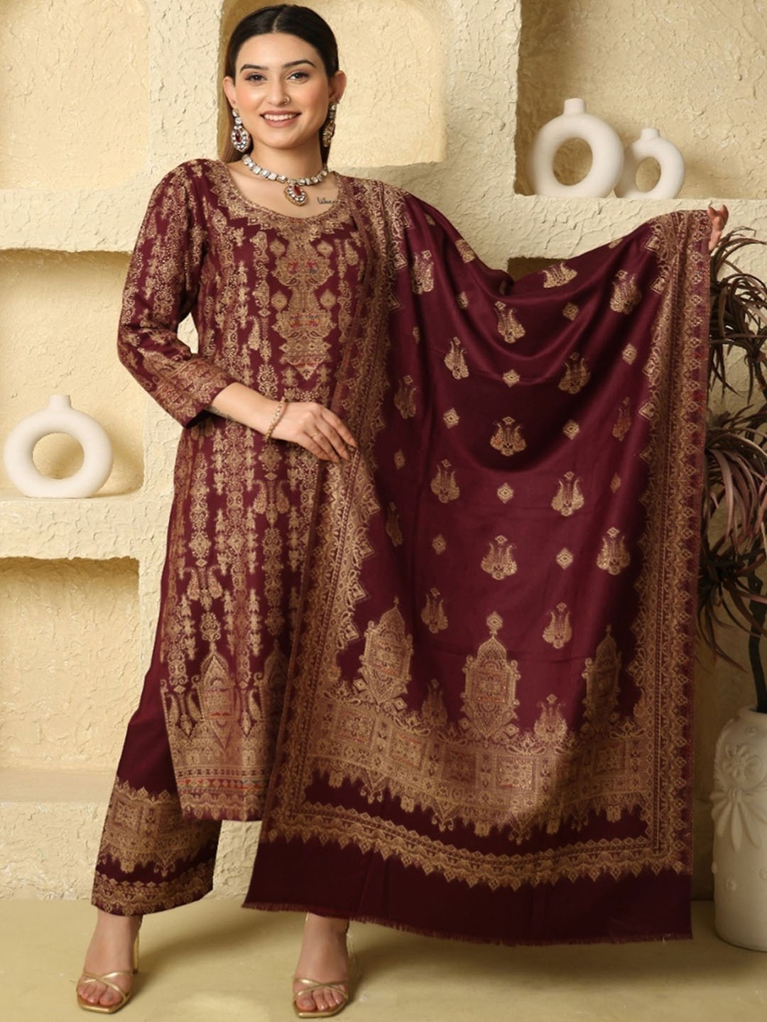 

KIDAR Round Neck Ethnic Motifs Woven Design Cotton Silk Kurta with Trousers & Dupatta, Maroon