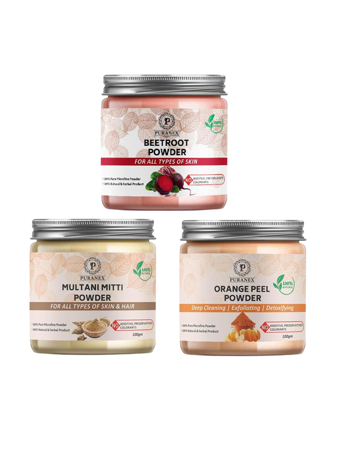 

Puranex Set Of 3 100% Pure & Natural Beetroot, Multani & Orange Peel Powder - 100 g Each, White