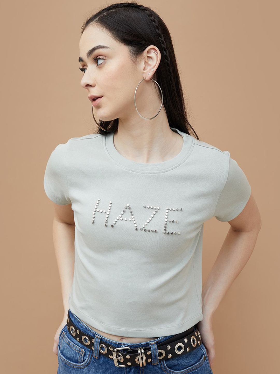 

Ginger by Lifestyle Women Typography Embellished Cotton T-shirt, Grey