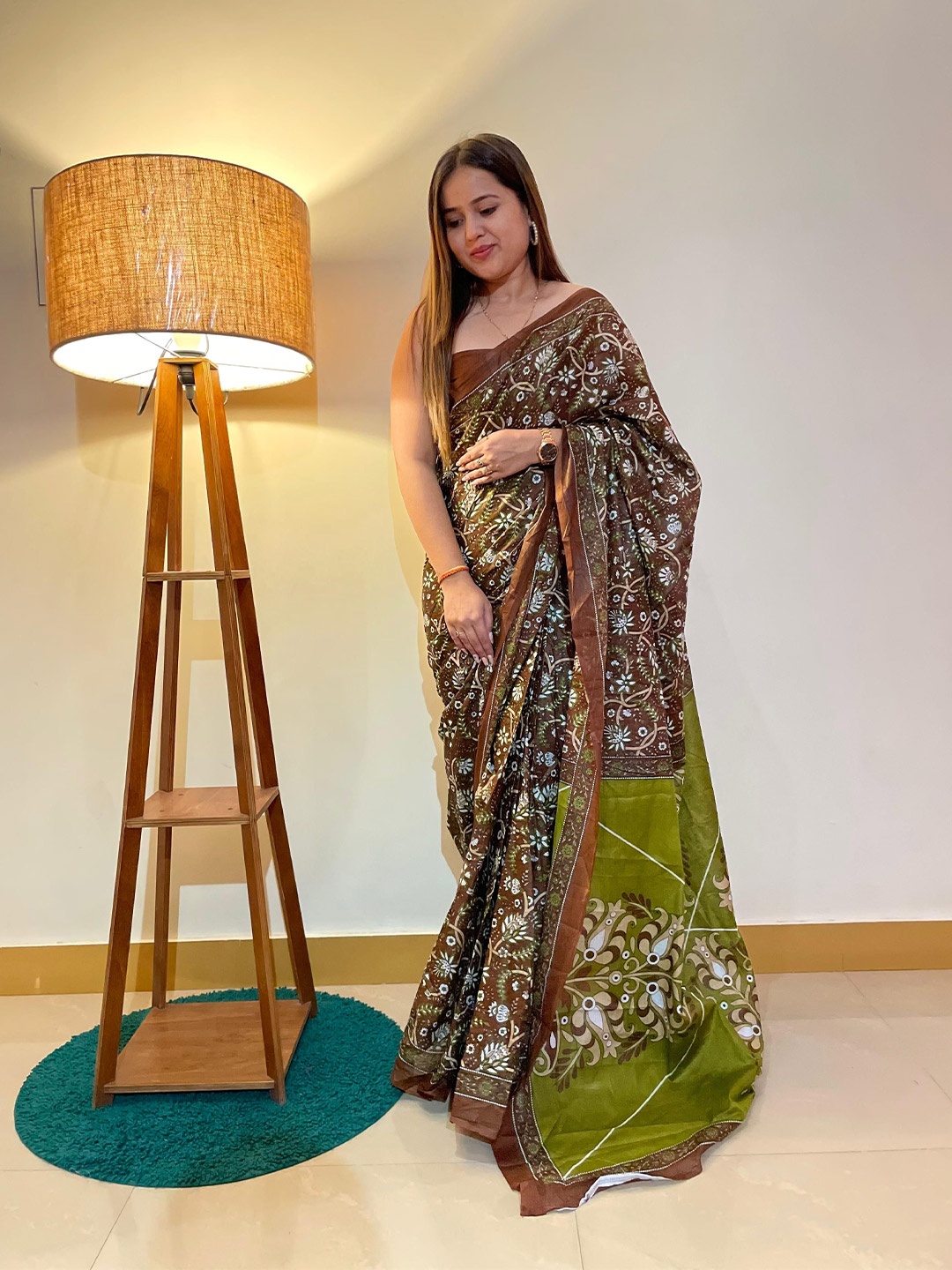 

HERE&NOW Floral Pure Cotton Bagru Saree, Brown