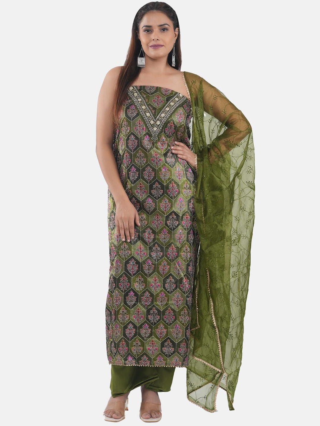 

MOZAFIA Floral Embroidered Zari Work Organza Unstitched Dress Material, Green