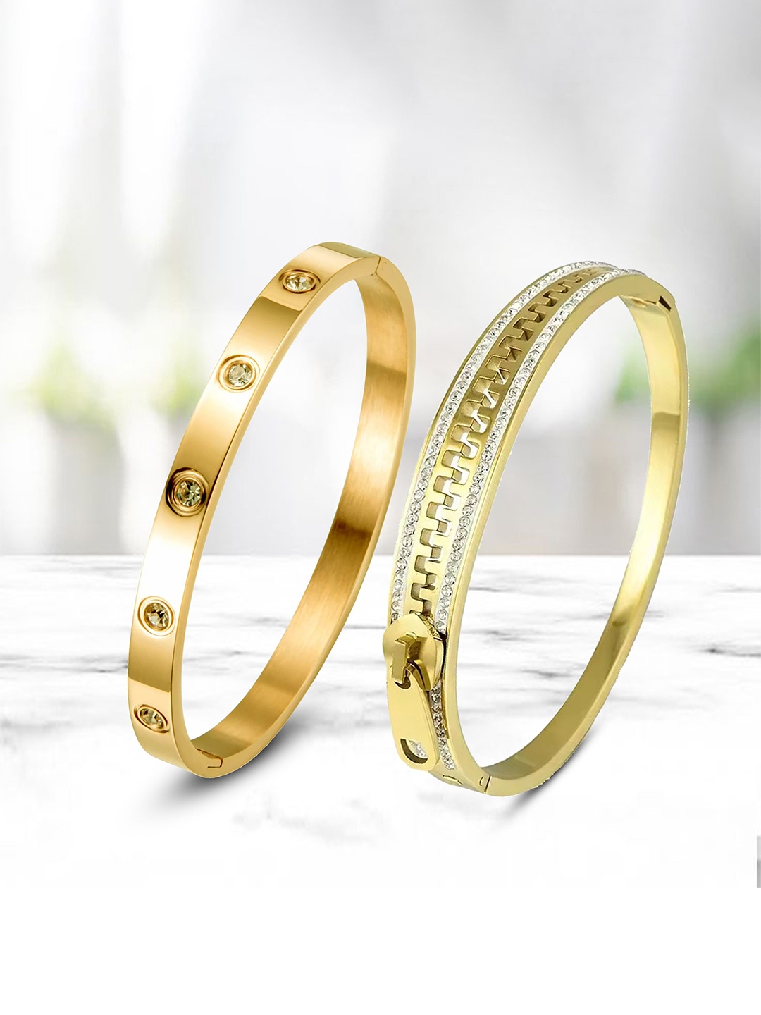 

MEENAZ Set Of 2 Gold-Plated AD Studded Stainless Steel Anti Tarnish Kada Bracelet