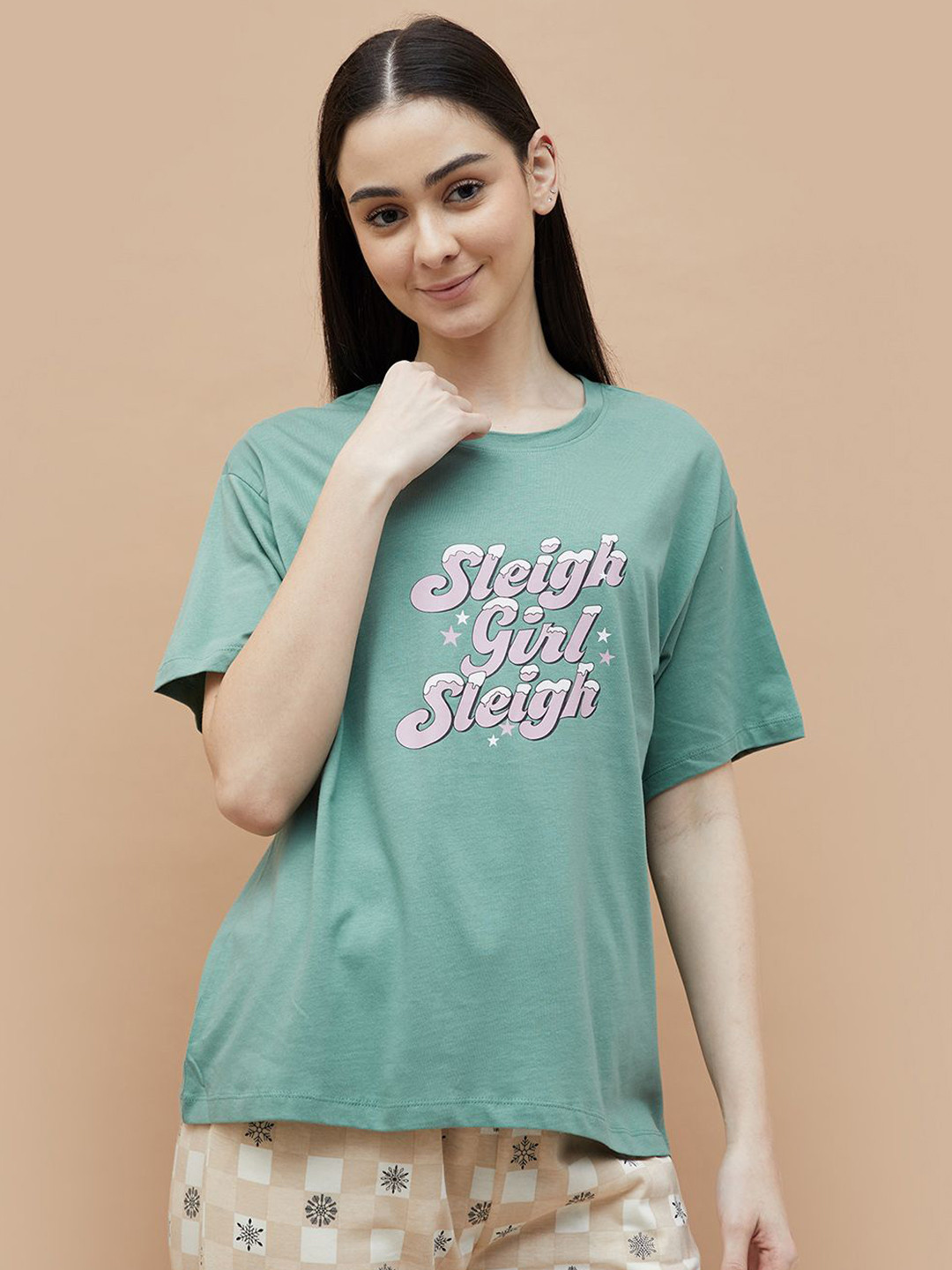 

Ginger by Lifestyle Women Cotton Typography Printed T-shirt, Green