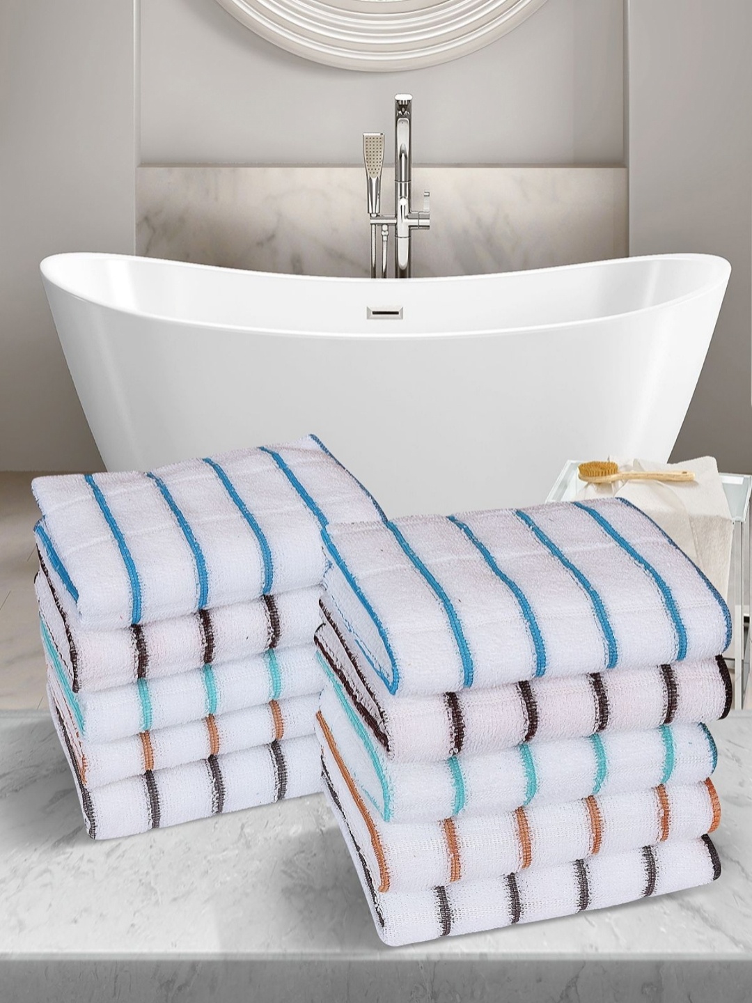 

Myntra Elegant Homes White & Blue 10 Pieces Striped Cotton 500 GSM Towel Set