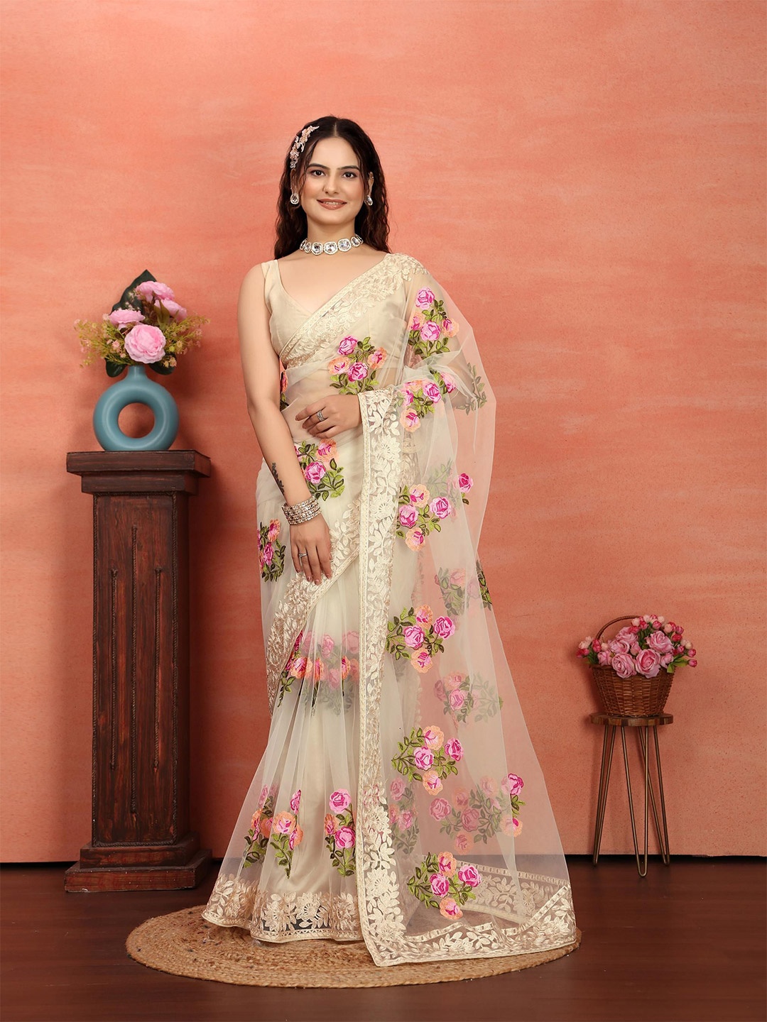 

HERE&NOW Floral Embroidered Net Saree, Cream