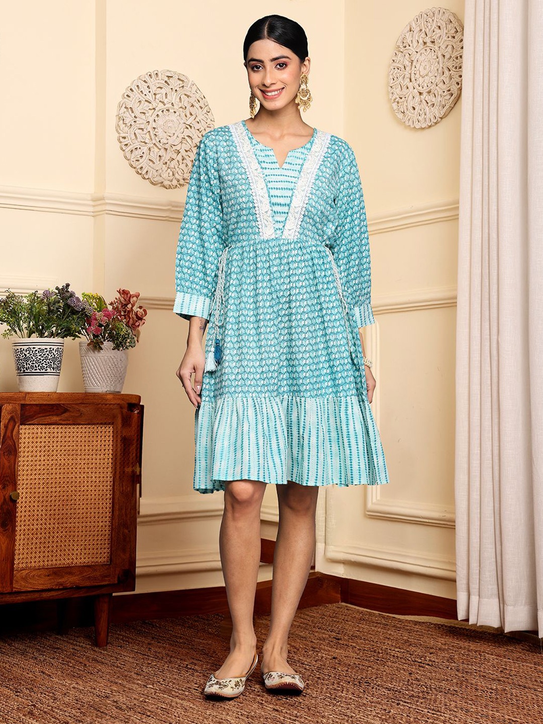 

Varanga Print A-Line Dress, Turquoise blue