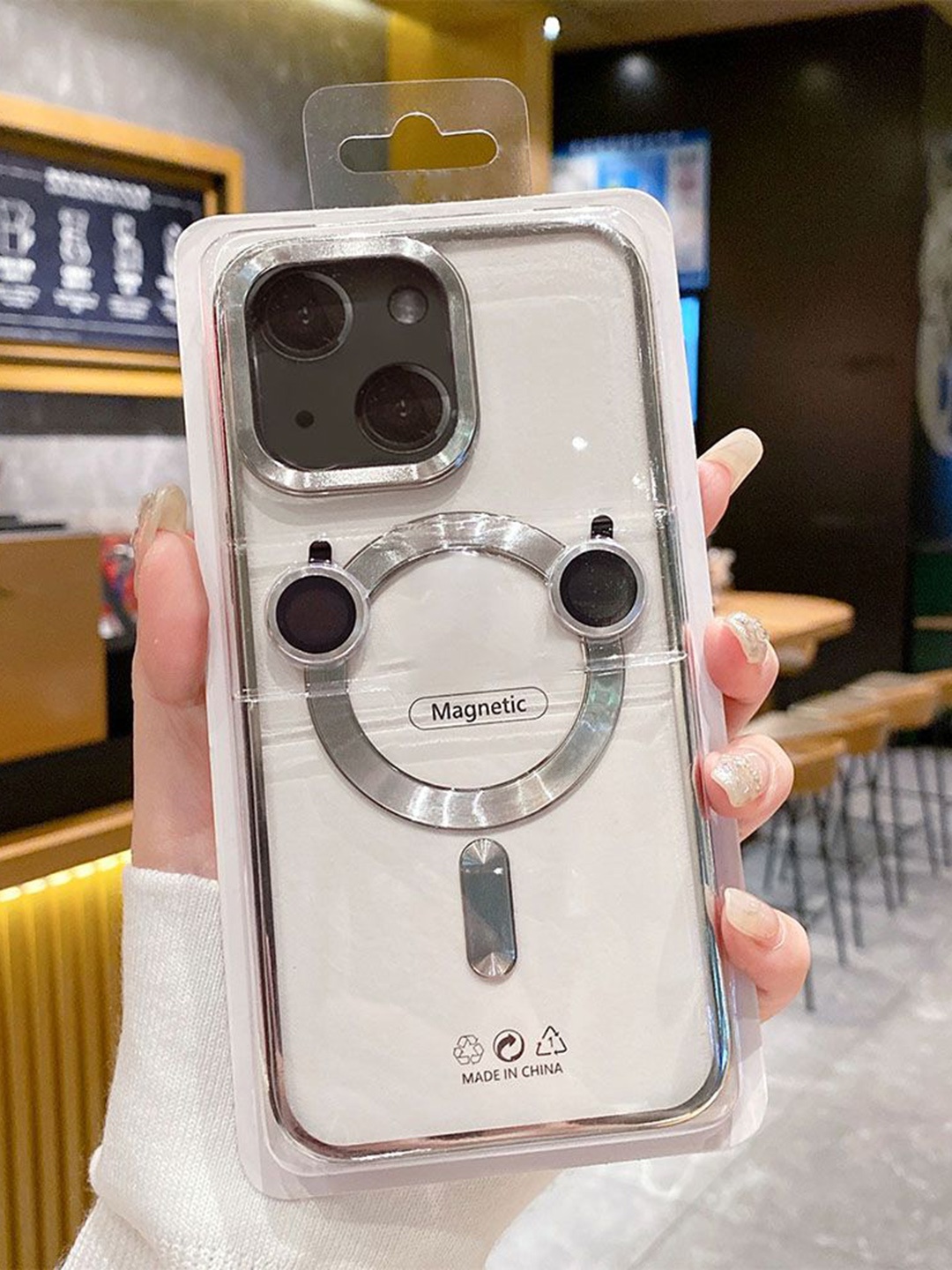 

Luxury Kase Solid Printed iPhone 15 Plus Back Case Mobile Accessories, Silver