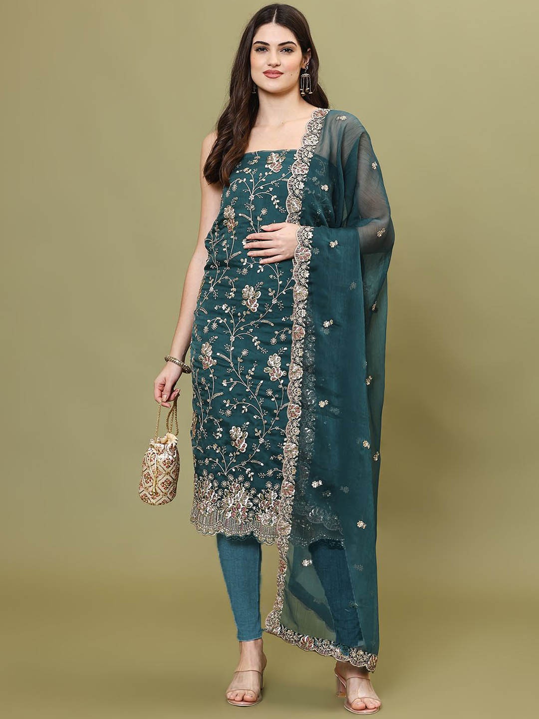 

Meena Bazaar Embroidered Art Silk Unstitched Dress Material, Teal