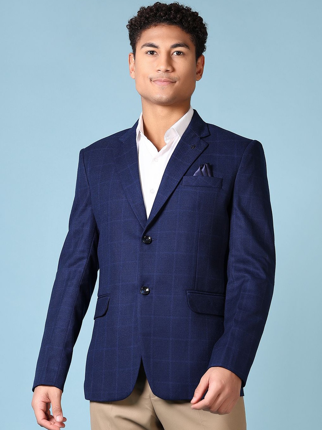 

V-Mart Checked Notched lapel Single Breasted Formal Blazer, Blue