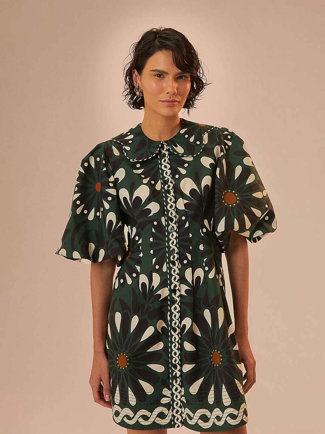 

LULU & SKY Ethnic Motifs Print Flared Sleeve A-Line Dress, Green