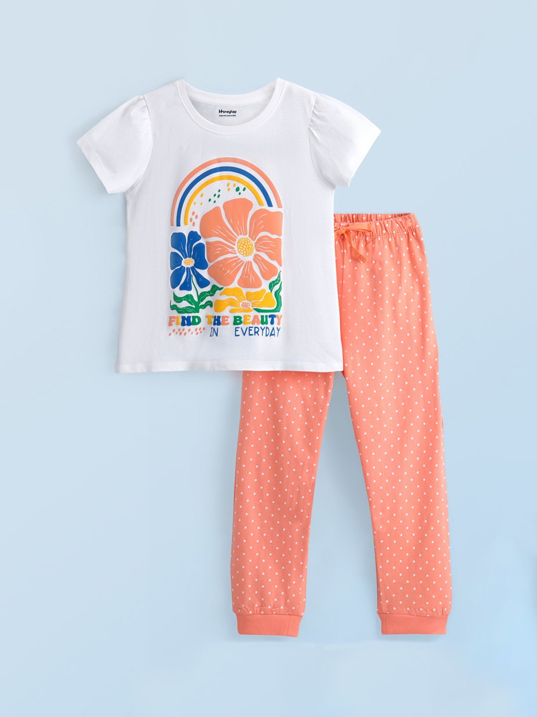 

Honeyhap Girls Printed Pure Cotton Night suit, White