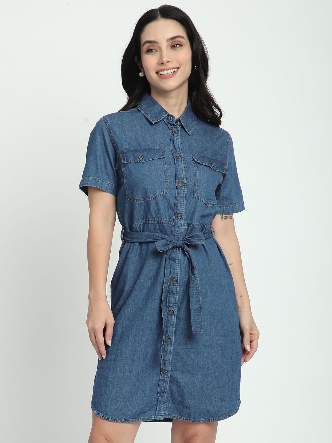 

R&B Women Denim Shirt Collar Cotton Fit & Flare Dress, Blue