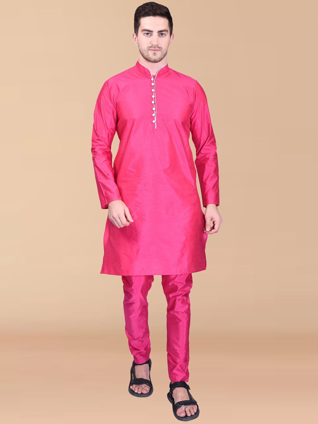 

PRINTINDIA Men Regular Pure Silk Kurta with Pyjamas, Pink