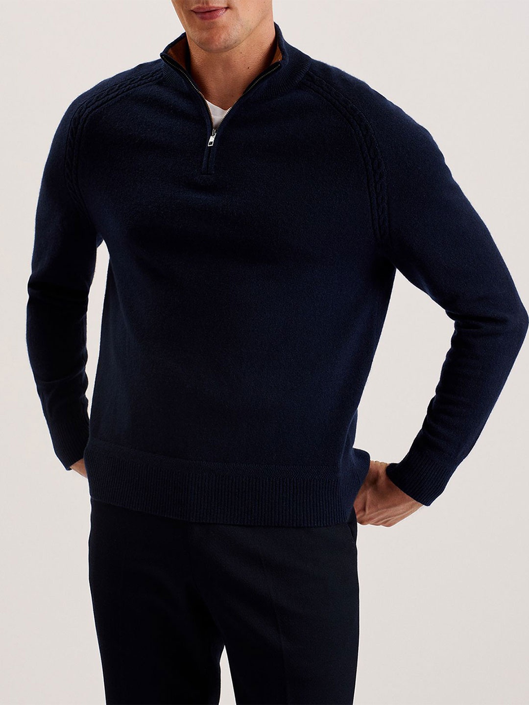 

Ted Baker Men Woollen Pullover with Zip Detail Detail, Navy blue