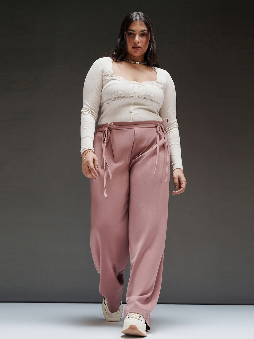 

FREAKINS Women Straight Fit High-Rise Pleated Curve Tie-Up Korean Trousers, Pink