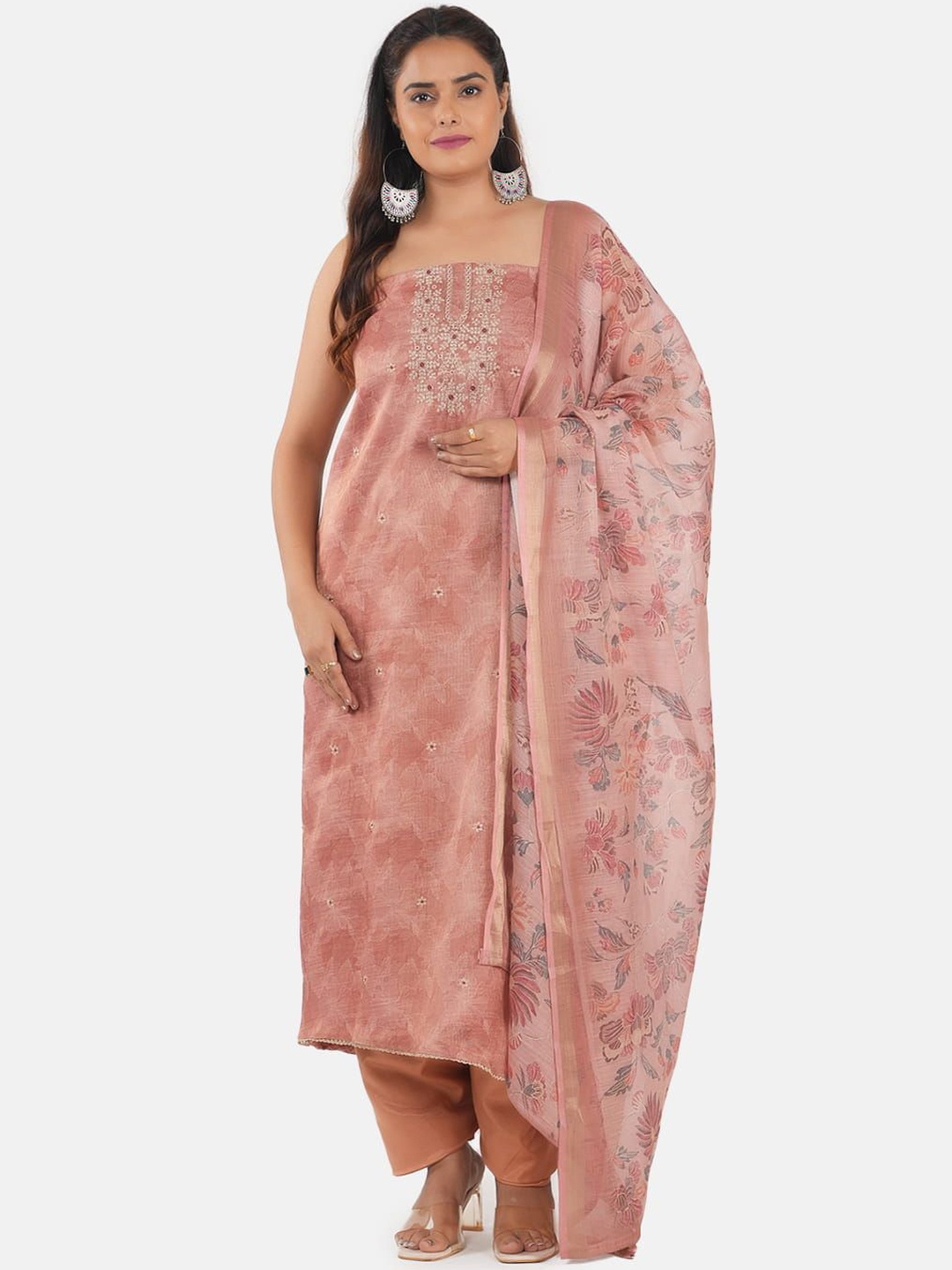 

MOZAFIA Floral Embroidered Zari Unstitched Dress Material, Pink