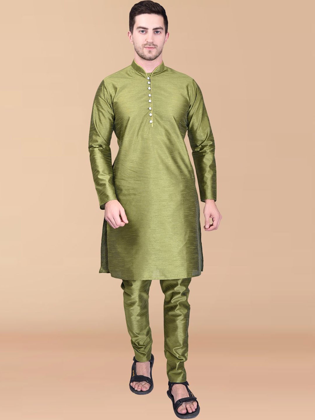 

PRINTINDIA Men Regular Pure Silk Kurta with Trousers, Green