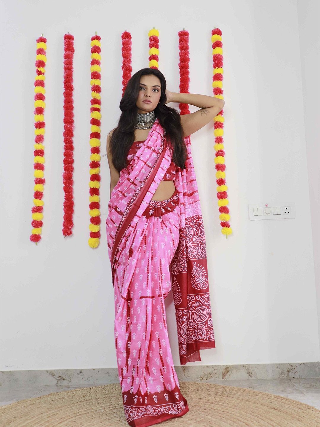 

HERE&NOW Ethnic Motifs Pure Cotton Bagru Saree, Pink