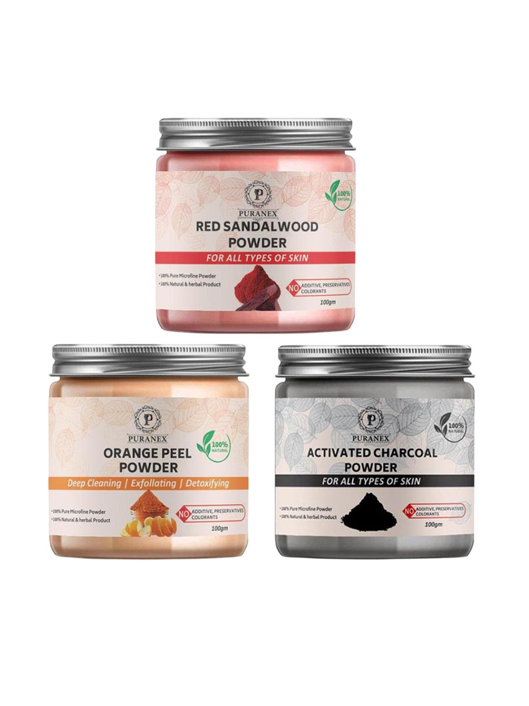 

Puranex Set Of 3 Red Sandalwood, Orange Peel & Activated Charcoal Powder - 100 g Each, White