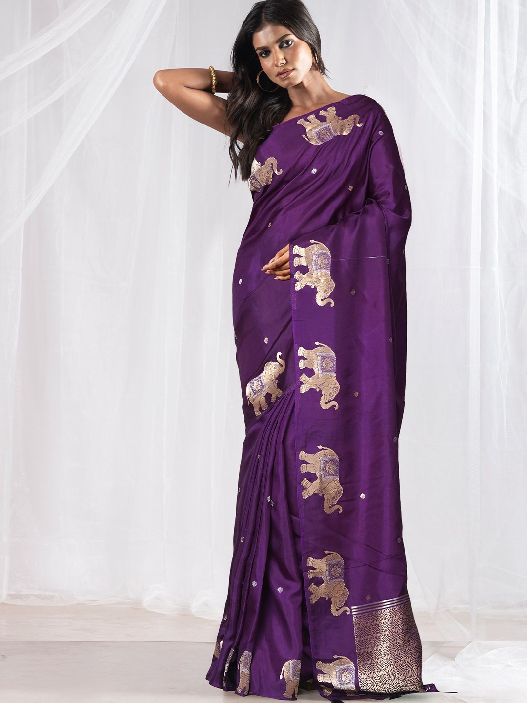 

Unnati Silks Woven Design Zari Pure Silk Handloom Banarasi Saree, Violet
