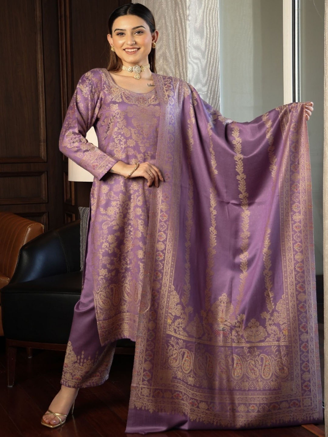 

KIDAR Round Neck Floral Woven Design Cotton Silk Kurta with Trousers & Dupatta, Lavender