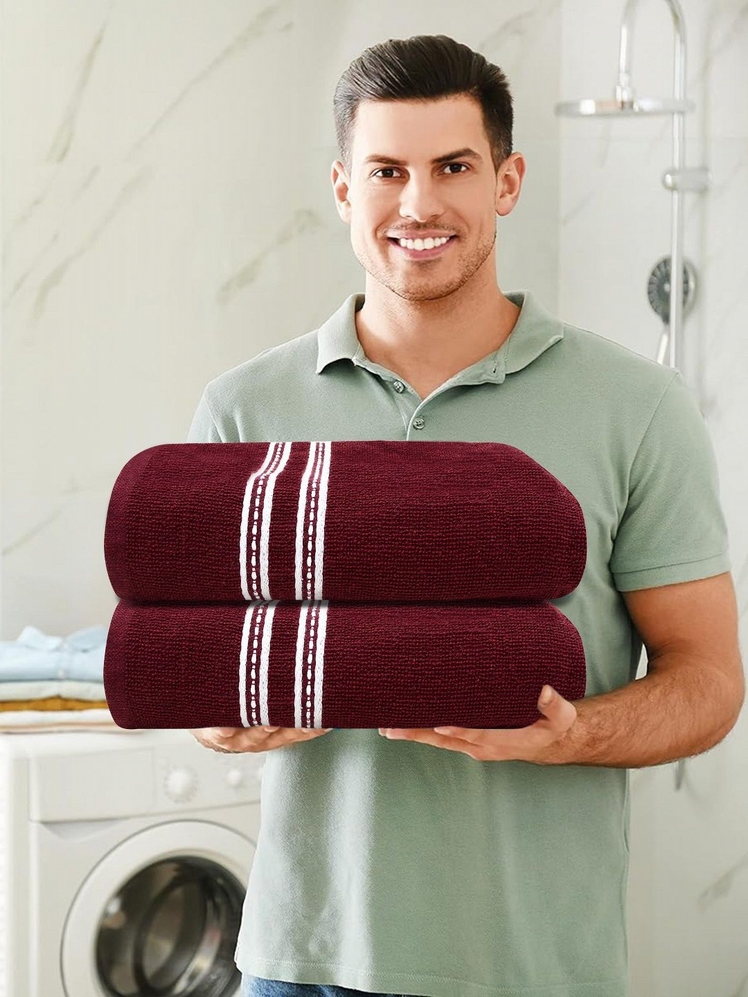 

LADLI JEE Maroon & Green 2 Pieces Striped Pure Cotton 400 GSM Bath Towels